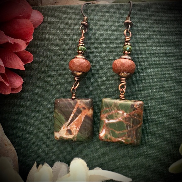 Sedona Jasper sunstone wire wrapped earrings - Picture 6 of 7